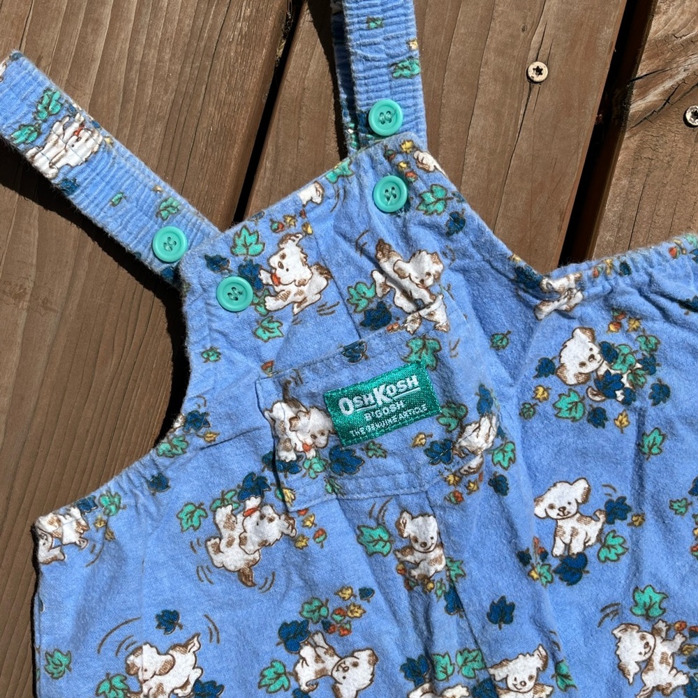 Vintage Rare Oshkosh B’gosh 24mo blue overalls w/puppies playing in leaves print